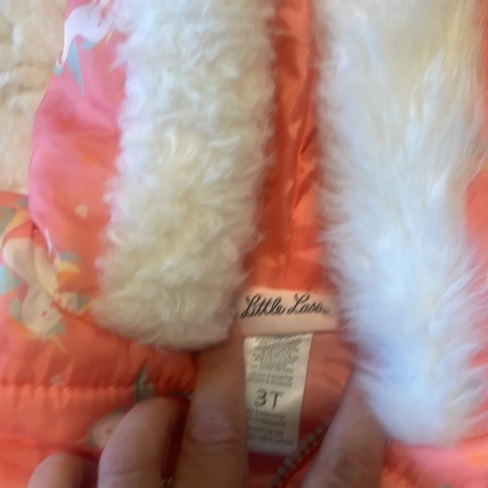 LITTLE LASS unicorn hooded puffer vest toddler girls faux fur trim zipped 3T